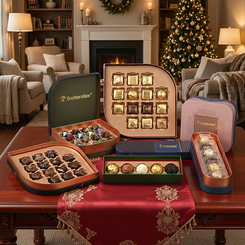 Open luxury chocolate gift boxes filled with assorted gourmet truffles and pralines, arranged on a vintage mahogany table with an elegant red satin runner in a cozy living room setting.