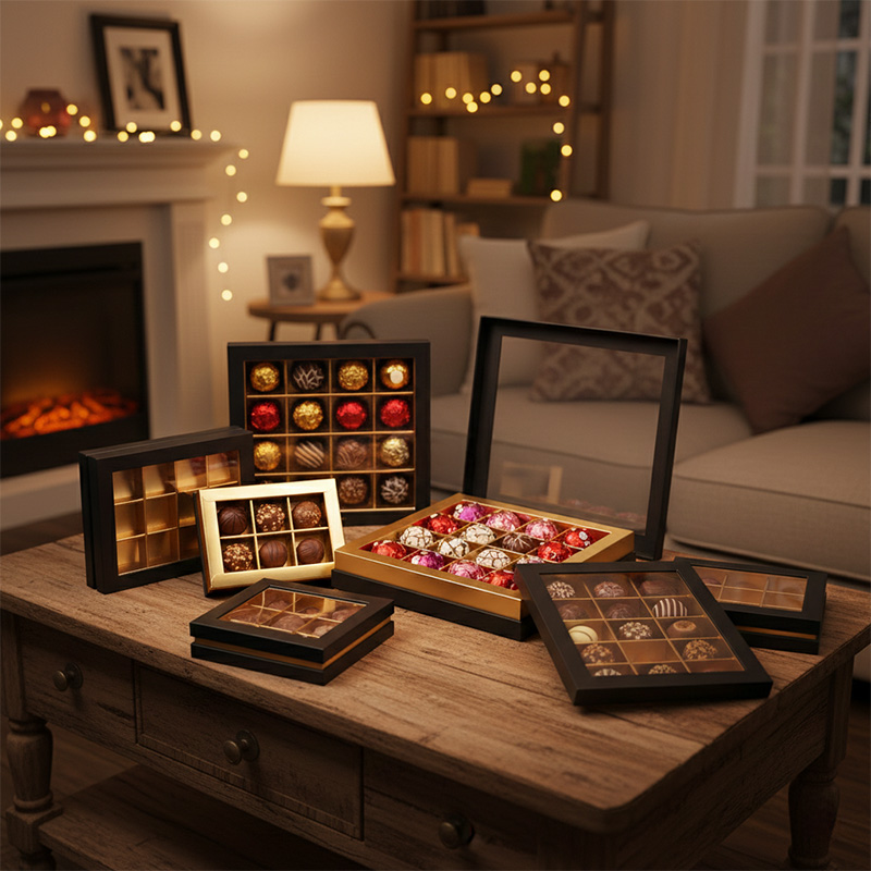 A collection of premium black and gold chocolate gift boxes with transparent lids, showcasing assorted truffles on a wooden coffee table in a cozy living room with a fireplace.